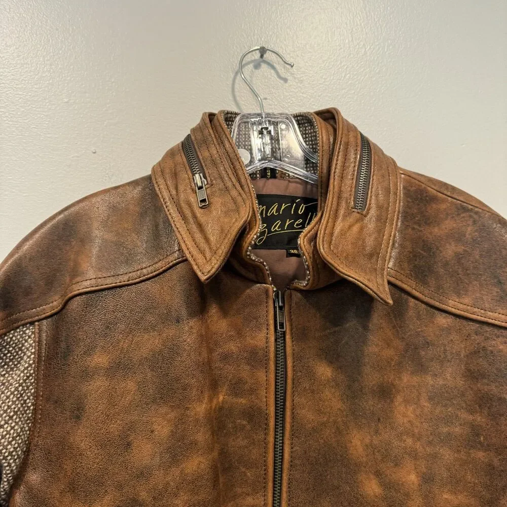Vintage Mario Zarelli Leather Jacket Distressed Wool Bomber Brown Mens 38 Medium